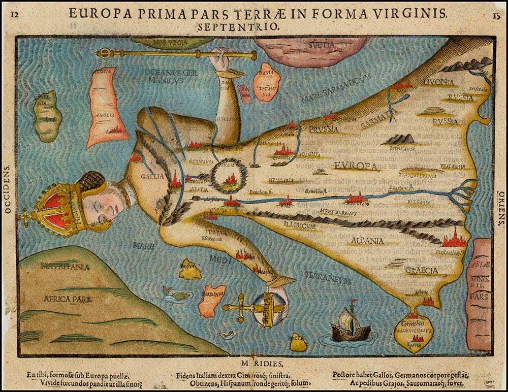 Europa Regina - harta lui Heinrich Bunting, secolul XVI, continentul desenat ca trup de regina