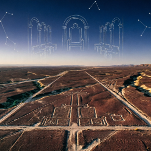 Vedere aeriană a liniilor Nazca la apus, cu conturul unei săli de tron goale desenat printre constelații deasupra deșertului.
