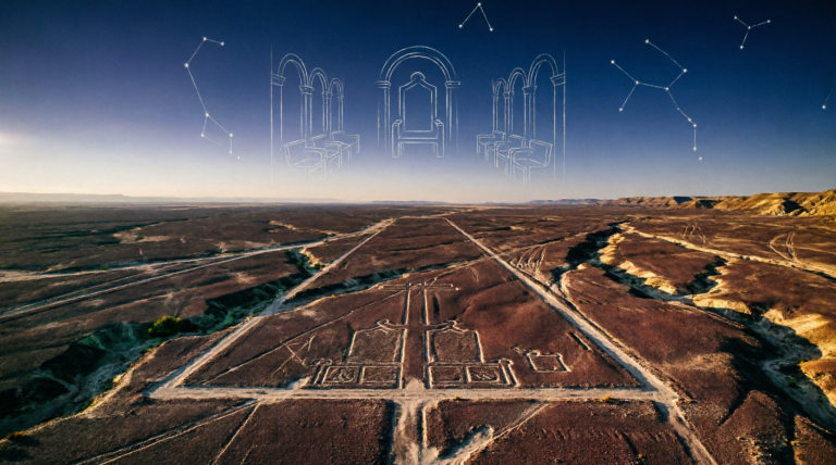 Vedere aeriană a liniilor Nazca la apus, cu conturul unei săli de tron goale desenat printre constelații deasupra deșertului.
