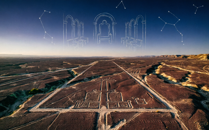 Vedere aeriană a liniilor Nazca la apus, cu conturul unei săli de tron goale desenat printre constelații deasupra deșertului.