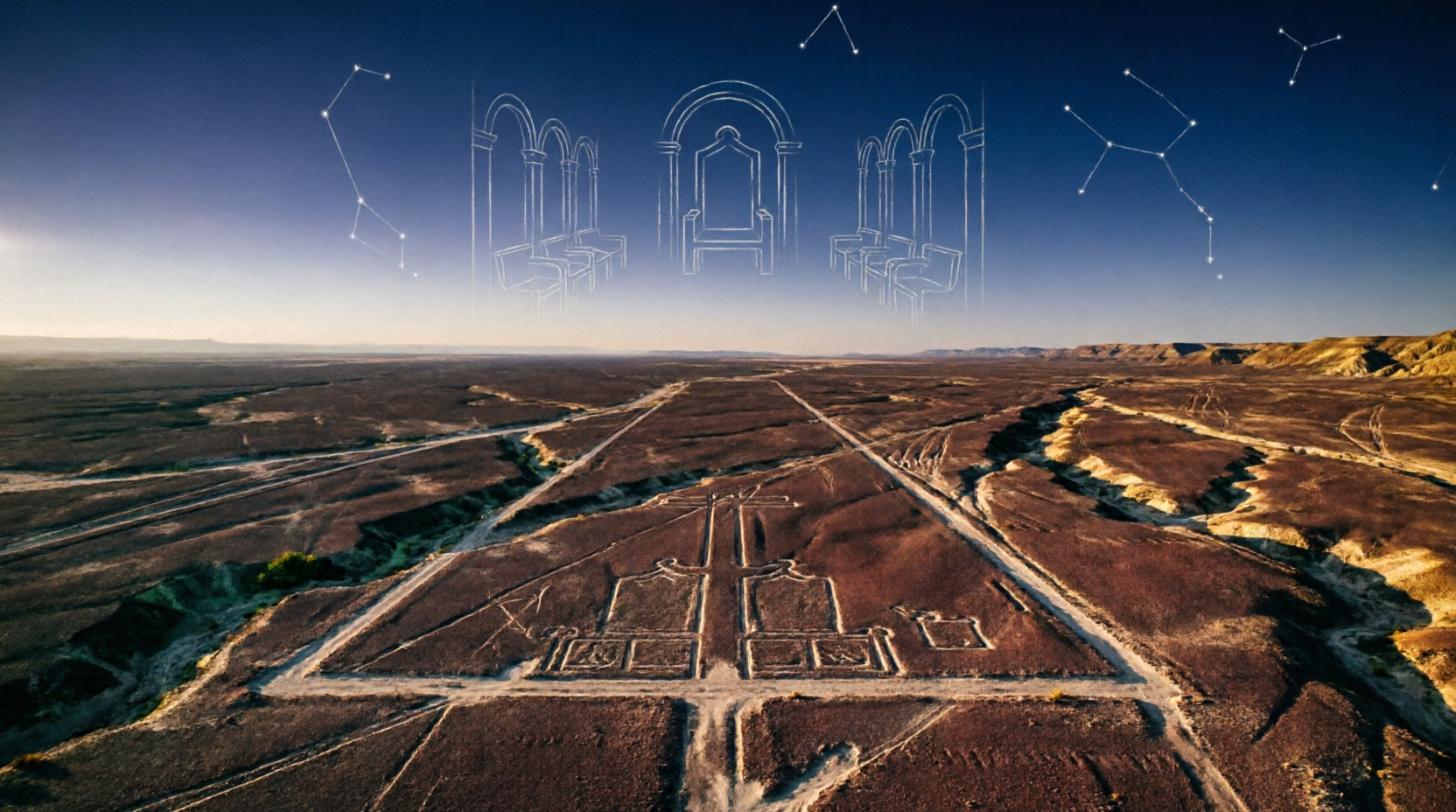 Vedere aeriană a liniilor Nazca la apus, cu conturul unei săli de tron goale desenat printre constelații deasupra deșertului.
