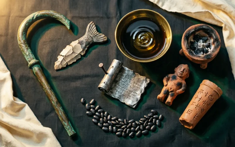 Instrumentar ritual antic dispus pe pânză: baston de augur, lamă de silex, vas cu apă și ulei, tăbliță de plumb străpunsă cu cui, figurină, brazier, boabe negre, țeavă de lut.