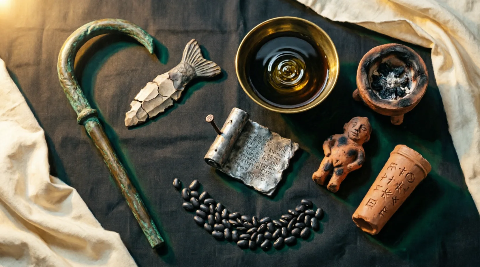 Instrumentar ritual antic dispus pe pânză: baston de augur, lamă de silex, vas cu apă și ulei, tăbliță de plumb străpunsă cu cui, figurină, brazier, boabe negre, țeavă de lut.
